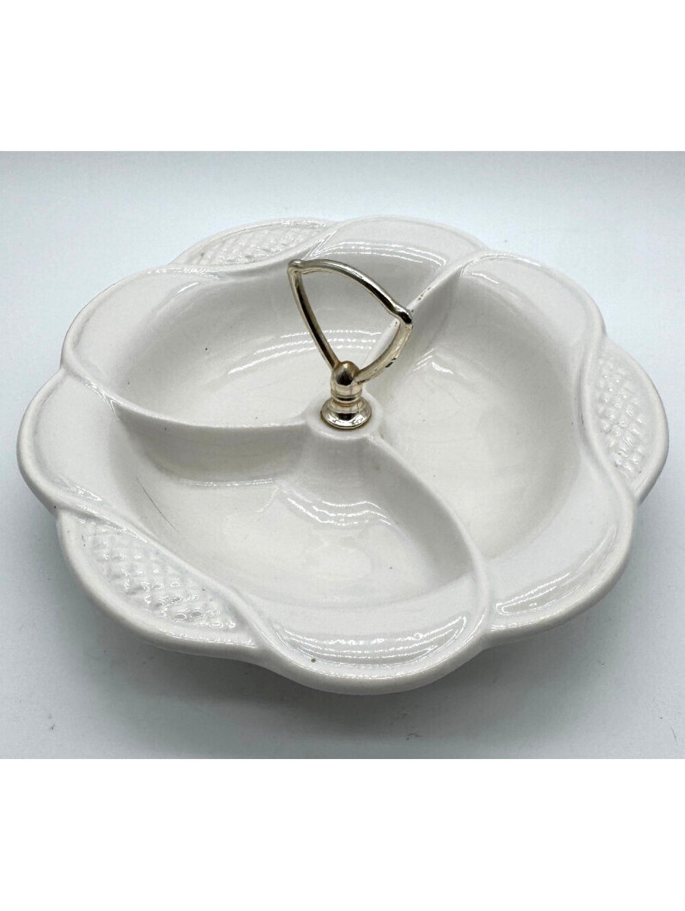 Vintage CALIF USA 297 California Pottery 3 Section Relish Dish Silver Handle